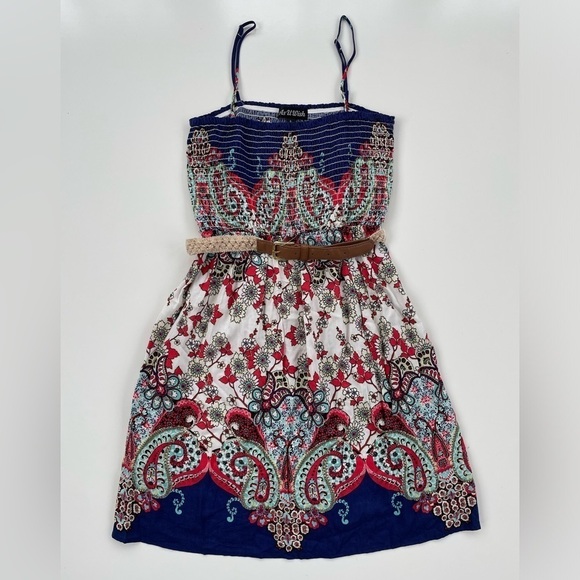 As U Wish Blue White Smocked Belted Paisley Summer Dress Size Small NWT - Picture 1 of 8